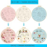 The Embroidery Stitch Practice Kit 8 features six hoops: the top row shows fabric with stitch guides and patterns, while the bottom row displays the same hoops finished with vibrant, beautifully embroidered threads.