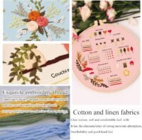 A collage featuring the Embroidery Stitch Practice Kit 8 with embroidered flower samples, close-ups of stitches on pink cotton-linen fabric, colourful threads, and text highlighting the kit's vibrant threads and premium fabric.