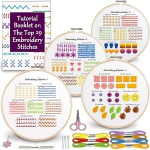 The Embroidery Stitch Practice Kit 9 includes a tutorial booklet, four hoops with various stitches, colourful threads, scissors, needles, and neatly arranged tools—perfect for embroidery enthusiasts.