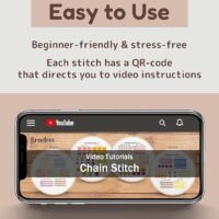 A phone displays YouTube embroidery tutorials. Text: “Embroidery Stitch Practice Kit 9 – Easy to use, beginner-friendly. Each stitch includes a QR code linking to video instructions for stress-free learning.”.