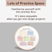 The Embroidery Stitch Practice Kit 9 features a hoop with fabric labelled for stitch samples and a heading, “Lots of Practice Space.” Text below encourages practising stitches before starting bigger projects.