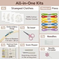 A labelled diagram shows what's included in the Embroidery Stitch Practice Kit 9: stamped cotton canvas, colourful floss, hoop, scissors, needles, instruction booklet, seam ripper, and needle threader.