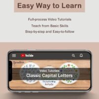 A phone screen shows a YouTube video titled Classic Capital Letters, featuring Embroidery Stitch Practice Kit 10 with hoops displaying stitched alphabets and florals. Text above says: Easy Step-by-Step Video Tutorials for Beginners.