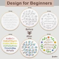 The Embroidery Stitch Practice Kit 10 features six hoops: the top row shows simple black-and-white alphabet designs suited for beginners, whilst the bottom row displays the same designs enhanced with colourful stitches and floral patterns.