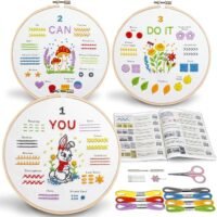 The Embroidery Stitch Practice Kit 11 features three hoops with stitch samples forming "YOU", "CAN", and "DO IT" plus cute bunny, mushroom, and flower designs. Kit includes instructions, threads, needles, and scissors.