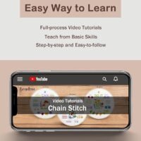 A phone displays a YouTube video titled "Chain Stitch Video Tutorials" with embroidery patterns. Text above reads: Embroidery Stitch Practice Kit 11—Full-process video lessons, teaching basic skills step-by-step and easy to follow.