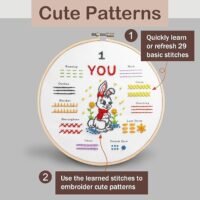 The Embroidery Stitch Practice Kit 11 features a sample with a cartoon bunny, colourful flowers, and labelled stitch patterns. It teaches you how to master 29 basic stitches and use them in adorable embroidery designs.