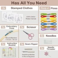 The Embroidery Stitch Practice Kit 11 includes a labelled diagram of its contents: 3 stamped cloths, colourful floss, an embroidery hoop, scissors, an instruction booklet, a seam ripper, 5 needles, and a needle threader.