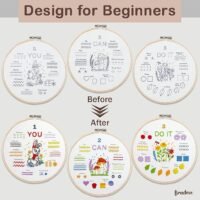 The Embroidery Stitch Practice Kit 11 features six hoops with beginner designs: the top row shows black and white outlines, whilst the bottom row presents completed colourful floral, animal, and pattern motifs. Text reads "Design for Beginners.