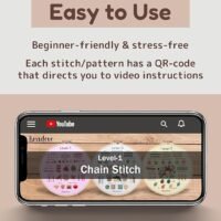 A graphic promotes the Embroidery Stitch Practice Kit 12. Text: Easy to Use, Beginner-friendly & Stress-free. Each stitch/pattern has a QR code linking to video tutorials. An iPhone shows a YouTube guide for the Level-1 Chain Stitch.
