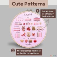 The Embroidery Stitch Practice Kit 12 features a pink fabric in an embroidery hoop displaying 37 basic stitches, each labelled. It helps you quickly learn stitches and create cute patterns with ease.