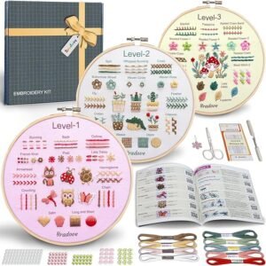 Embroidery Stitch Practice Kit 12 includes a gift box, three labelled embroidery hoops (Levels 1–3) with diverse stitches, thread, scissors, needles, instruction booklet, and colourful beads—all neatly arranged.
