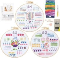The Embroidery Stitch Practice Kit 13 includes three hoops with colourful stitched patterns, assorted embroidery threads, needles, needle threader, buttons, ribbon, and an instruction booklet arranged neatly around the hoops.