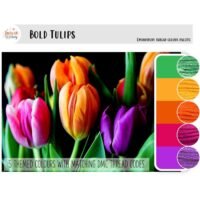 A vibrant image of orange, red, purple, and pink tulips alongside a palette of five matching DMC embroidery threads—green, orange, yellow, magenta, and purple. Product: Bold Tulips - embroidery thread colour palette.