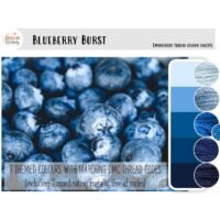 Blueberry Burst - embroidery thread colour palette showcases a close-up of blueberries with seven blue-tone swatches, each labelled with its matching embroidery thread code beside the image.