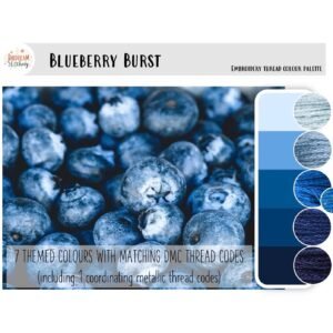 Blueberry Burst - embroidery thread colour palette showcases a close-up of blueberries with seven blue-tone swatches, each labelled with its matching embroidery thread code beside the image.