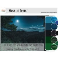 Moonlit Forest - embroidery thread colour palette features eight thread colours, including three metallics, displayed alongside an image of a moonlit forest with a bright full moon in a dark blue sky.