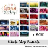 A promotional image for Daydream Stitchery features embroidery thread palettes inspired by nature, flowers, and animals with text reading Colour Palette Bundle - Embroidery Thread Palettes.