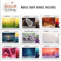A collage showcases nine vibrant Colour Palette Bundle - Embroidery Thread Palettes, featuring Fertile Fields, Coconut Milk, Bright Autumn, Mixed Sunset, Purple Cherry Blossoms, Snow White, Pomegranate Party, Starry Night & Winter Sunset.