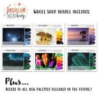 A promotional image for the Colour Palette Bundle - Embroidery Thread Palettes features six colour palettes inspired by a moonlit night, bee on flowers, sunset, foggy forest, tulips, and green leaves. The bundle includes future palettes.