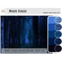 A dark, moody forest at night in blue tones appears beside five embroidery thread swatches in varying blues with DMC codes. Text: “Moody Forest - embroidery thread colour palette” and “5 themed colours with matching DMC codes.”.