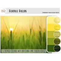 A sunlit field of tall green wheat, with five yellow and green circular swatches on the right, showcases the Fertile Fields - embroidery thread colour palette.