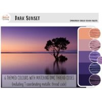 The Dark Sunset - embroidery thread colour palette features a tranquil sunset with a silhouetted tree and its reflection, plus six sunset-inspired thread swatches in shades of orange, mauve, purple, and navy.