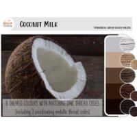 A halved coconut rests on dark wood next to the Coconut Milk embroidery thread colour palette, featuring 8 shades inspired by the coconut—white, brown, tan, and metallics—with labelled colour names.