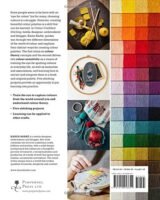 Back cover of "Colour Confident Stitching" by Karen Barbe, featuring photos of yarn, knitting needles, embroidery hoops, buttons, fabric, and a vertical gradient of coloured threads from yellow to red, purple, blue, and green.
