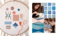 On the left is an embroidery hoop with colourful patterns; on the right, women work on geometric stitch samples from "Colour Confident Stitching" by Karen Barbe.