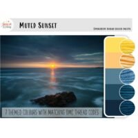 Muted Sunset - embroidery thread colour palette features seven shades inspired by an ocean sunset with rocky foreground—yellow, orange, grey, teal, and blue—each shown as coloured thread samples.