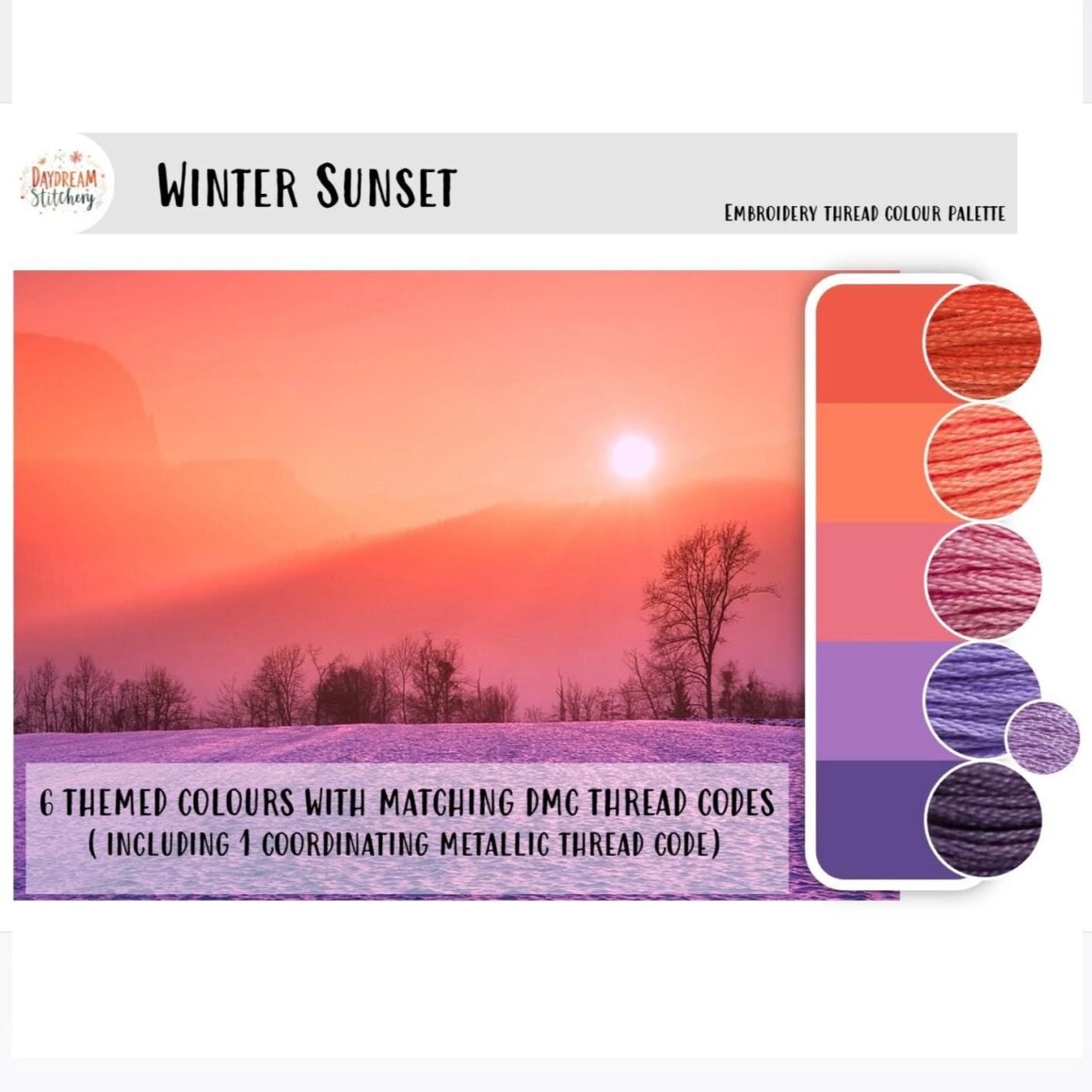 Winter Sunset - embroidery thread colour palette features six shades from coral red to deep purple, inspired by a snowy sunset landscape with trees and mountains in soft pink and purple tones.