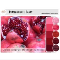 Close-up of pomegranates, one open to show red seeds. Next to the fruit is the Pomegranate Party embroidery thread colour palette—five pink and red shades, each with a matching thread sample and its DMC code.