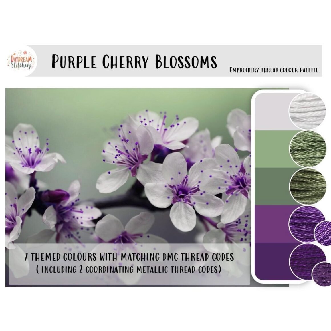 The Purple Cherry Blossoms - embroidery thread colour palette features a close-up of white and purple cherry blossoms with 7 matching thread swatches in green, purple, white, and metallic shades.