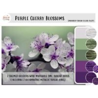 The Purple Cherry Blossoms - embroidery thread colour palette features a close-up of white and purple cherry blossoms with 7 matching thread swatches in green, purple, white, and metallic shades.