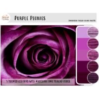 A close-up of a purple rose sits beside the "Purple Peonies" embroidery thread colour palette, featuring five coordinated shades from light lavender to deep plum.