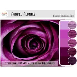 A close-up of a purple rose sits beside the "Purple Peonies" embroidery thread colour palette, featuring five coordinated shades from light lavender to deep plum.