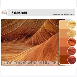 Sandstone - embroidery thread colour palette: five shades from light yellow to deep reddish brown, each with matching DMC codes, displayed over a wavy sandstone rock formation background.