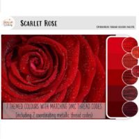 Scarlet Rose - embroidery thread colour palette: features a close-up of a red rose with water droplets and swatches of seven red and maroon thread shades, including two metallic options.