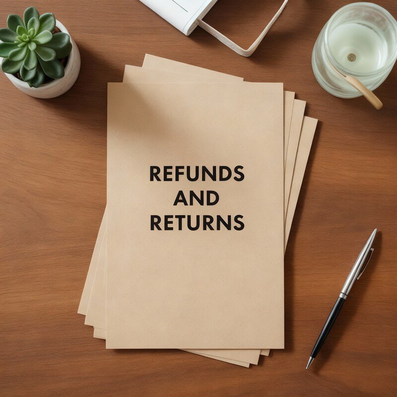 A desk with a stack of brown papers, with the top paper reading: “Refunds and Returns”