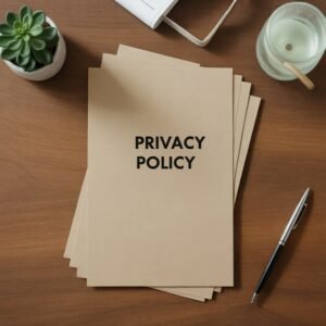 A stack of brown papers labelled Privacy Policy sits on a wooden desk next to a pen, a notebook, a potted succulent, and a glass of water—offering insight into important company policies.