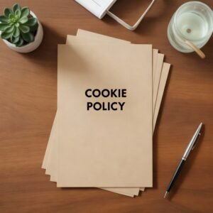 A stack of papers labelled Cookie Policy sits on a wooden desk next to a pen, a glass of water, an open notebook, and a small potted succulent plant—highlighting the importance of such policies in any workspace.