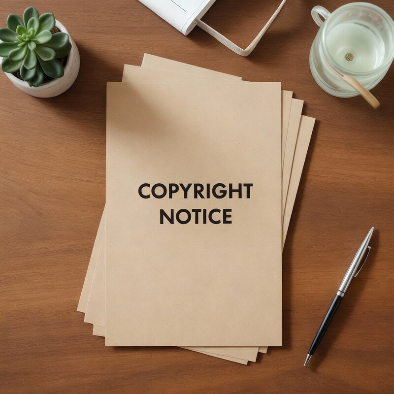 A desk with a stack of brown papers, with the top paper reading: “Copyright Notice”