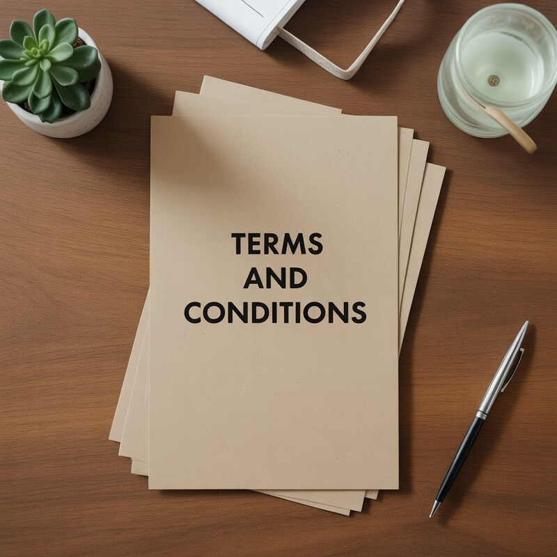 A desk with a stack of brown papers, with the top paper reading: “Terms and Conditions”