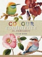 Book cover featuring detailed embroidery designs of birds and flowers, with the title Colour Basics for Makers by Lee Monroe. The text is overlaid on a linen-textured background.