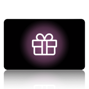 The Gift Card features a white gift box icon with a bow, centred on a black background with a soft purple glow and its reflection visible below on a shiny surface.