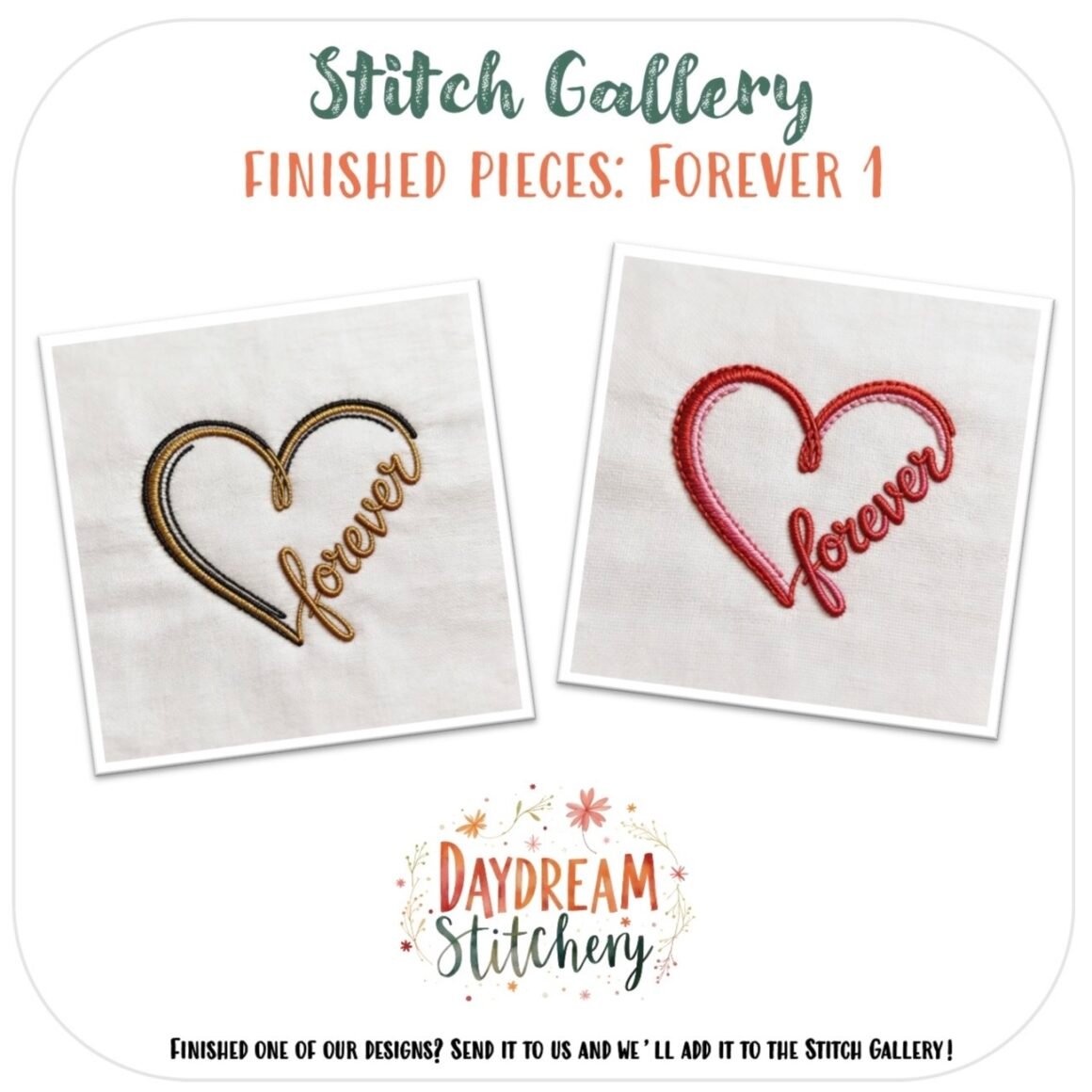 This [Bundle] Forever 1: Hand embroidery patterns features two embroidered hearts with “forever” stitched inside, one in gold thread and the other in red, as shown in Stitch Gallery’s Forever 1 and Daydream Stitchery pieces.