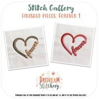 This [Bundle] Forever 1: Hand embroidery patterns features two embroidered hearts with “forever” stitched inside, one in gold thread and the other in red, as shown in Stitch Gallery’s Forever 1 and Daydream Stitchery pieces.