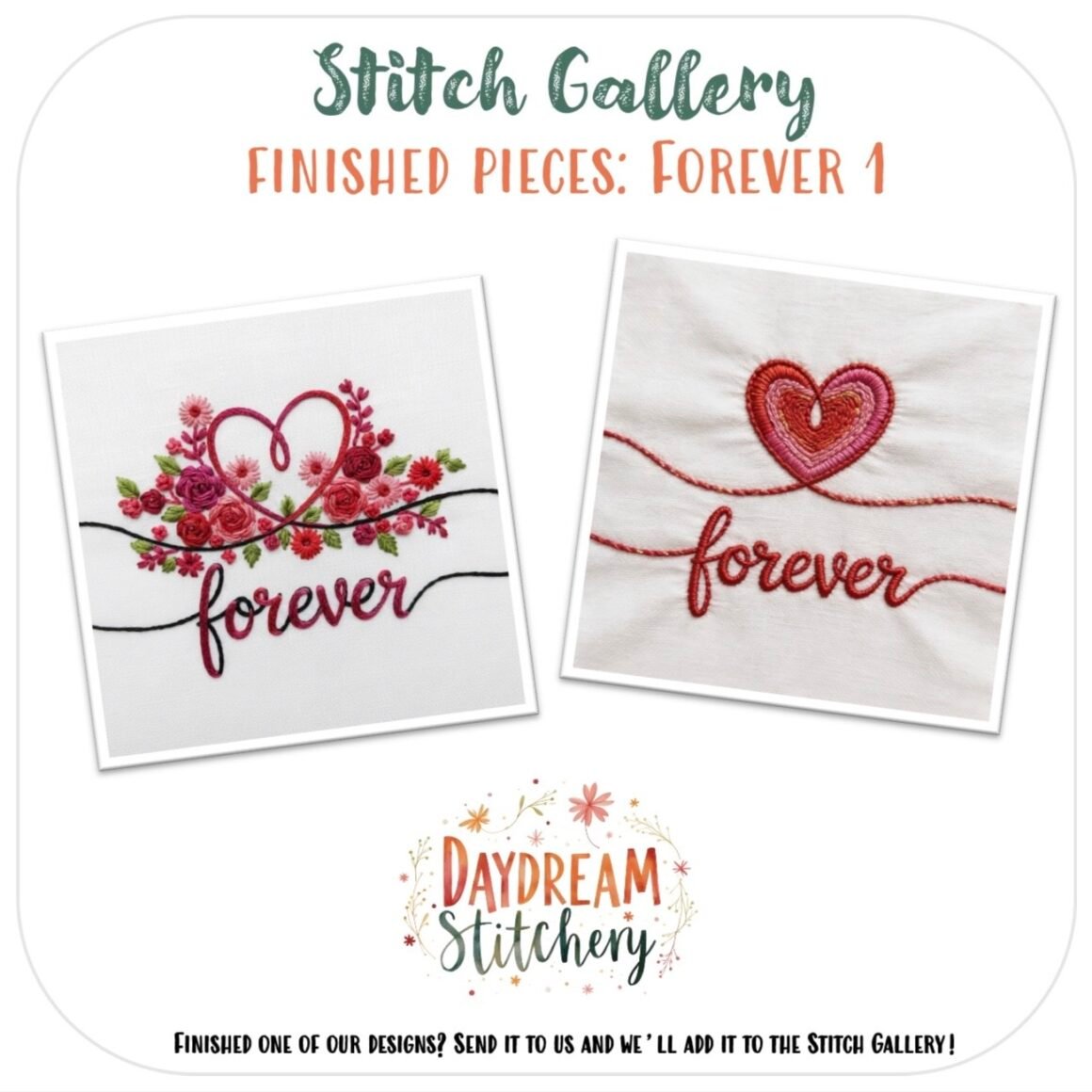 Explore the [Bundle] Forever 1: Hand embroidery patterns—two unique "forever" designs: one with pink hearts, roses, and greenery, another with a heart outline and swirly border. Find them at the Stitch Gallery by Daydream Stitchery.