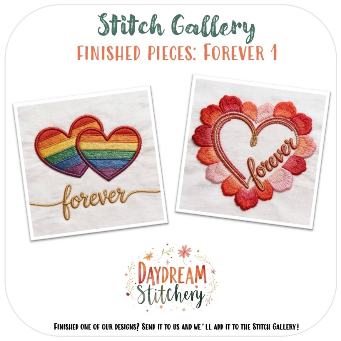 The [Bundle] Forever 1: Hand embroidery patterns features two lovely heart designs—one rainbow-striped with "forever" in gold script, and one with pink, red, and orange petals—by Daydream Stitchery.
